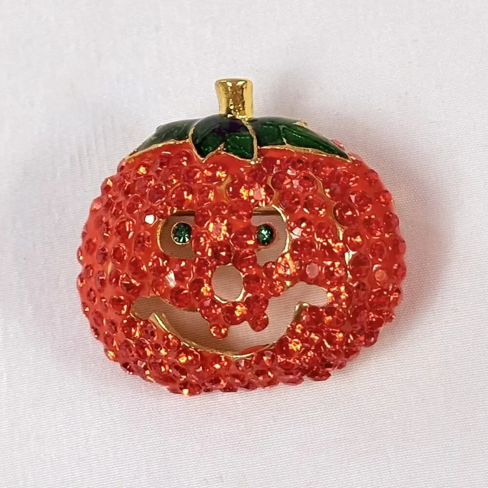 Halloween Fall Pumpkin Jack-o-lantern Rhinestone Enamel Pin 1.5”